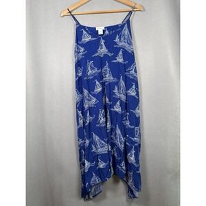 Antibes Blanc Dress Blue Sailboats Handkerchief Hem Spaghetti Straps